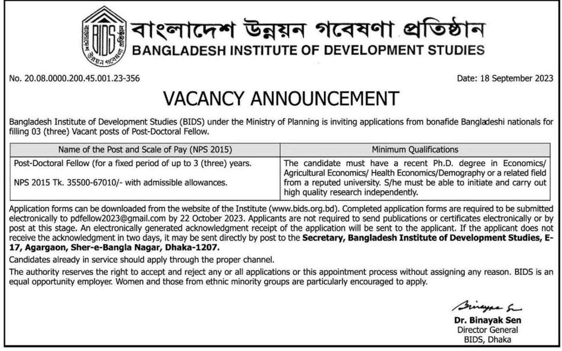 Post Doctoral Fellowship in Bangladesh